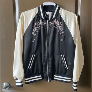 Charlotte Russe varsity bomber jacket with Japanese cherry blossoms.